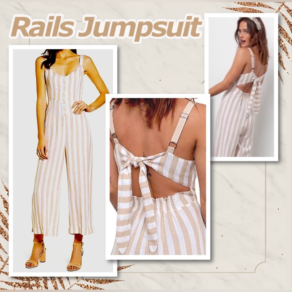 Rails Anthropologie Linen canyon stripe jumpsuit back bow cutouts NEW Re $160 XS